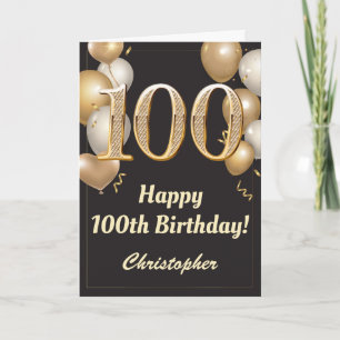 100th Birthday Black and Gold Balloons Confetti Card