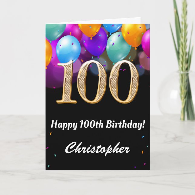 100th Birthday Black and Gold Colourful Balloons Card (Front)