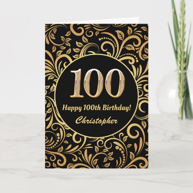 100th Birthday Black and Gold Floral Pattern Card (Front)