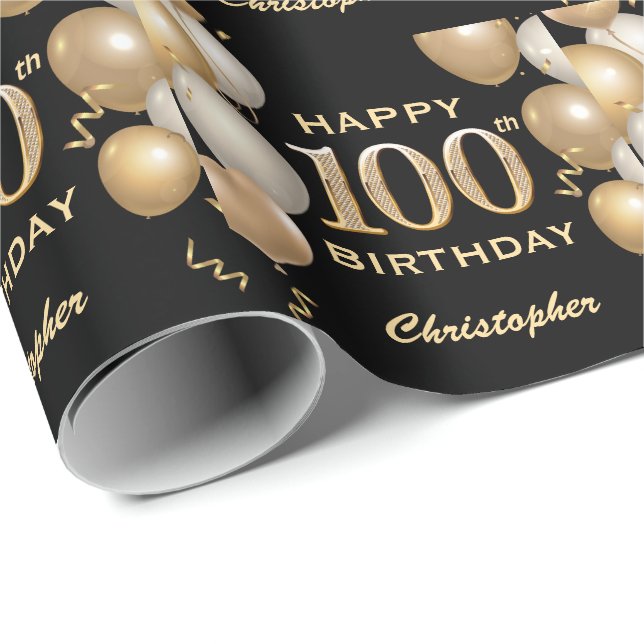 100th Birthday Black and Gold Glitter Balloons Wrapping Paper (Roll Corner)