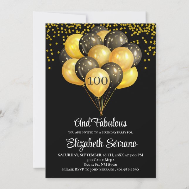 100th Birthday Black And Gold Invitation (Front)