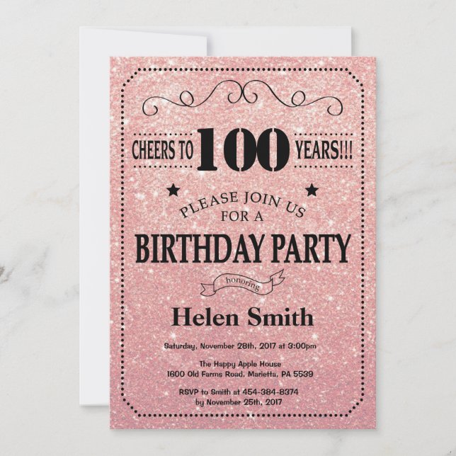100th Birthday Black and Pink Rose Gold Glitter Invitation (Front)