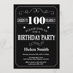 100th Birthday Black and White Chalkboard Invitation