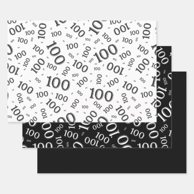 100th Birthday Black and White Number Pattern 100 Wrapping Paper Sheet (Set)