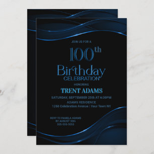 100th Birthday Black Blue Party Invitation