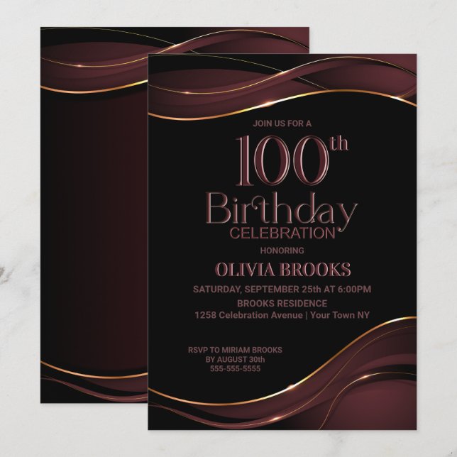 100th Birthday Black Dusty Pink Party Invitation (Front/Back)