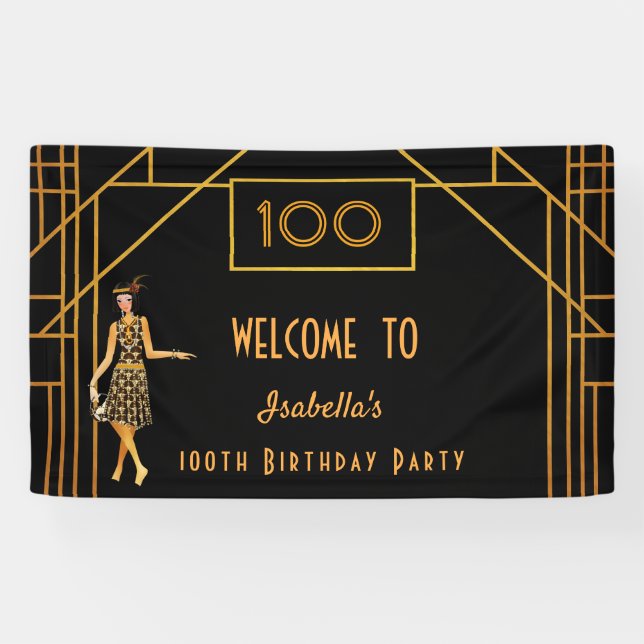100th birthday black gold 1920's art deco banner (Horizontal)