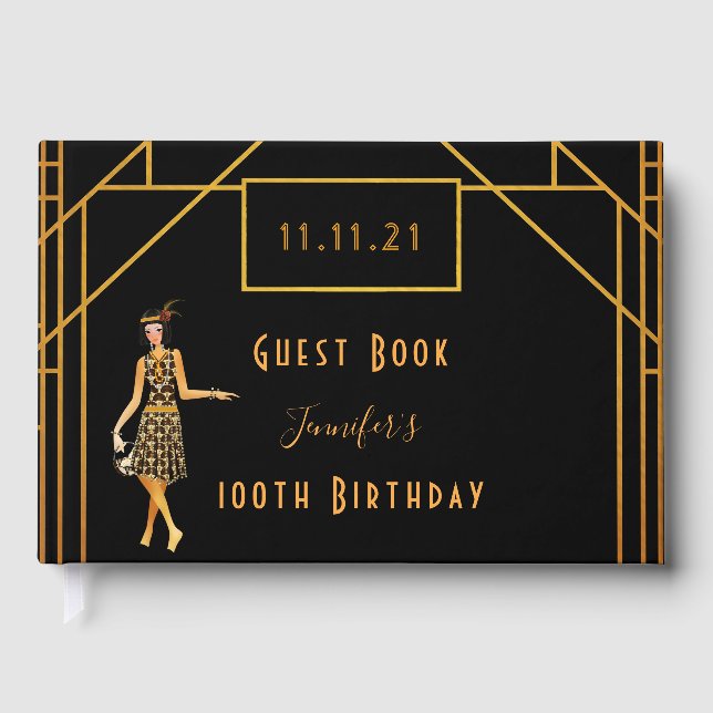 100th birthday black gold 1920's art deco guest book (Front)