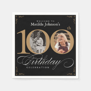 100th Birthday Black Gold Calligraphy Custom Photo Napkin