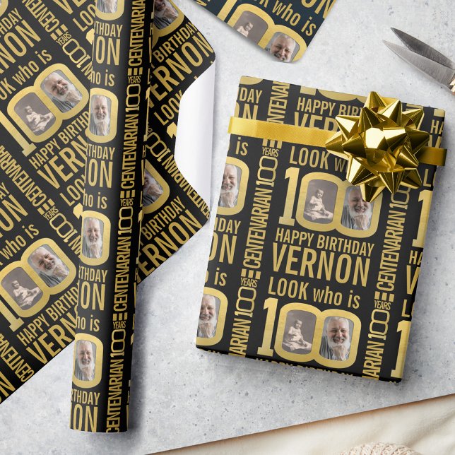 100th birthday black gold custom photos name wrapping paper (Creator Uploaded)