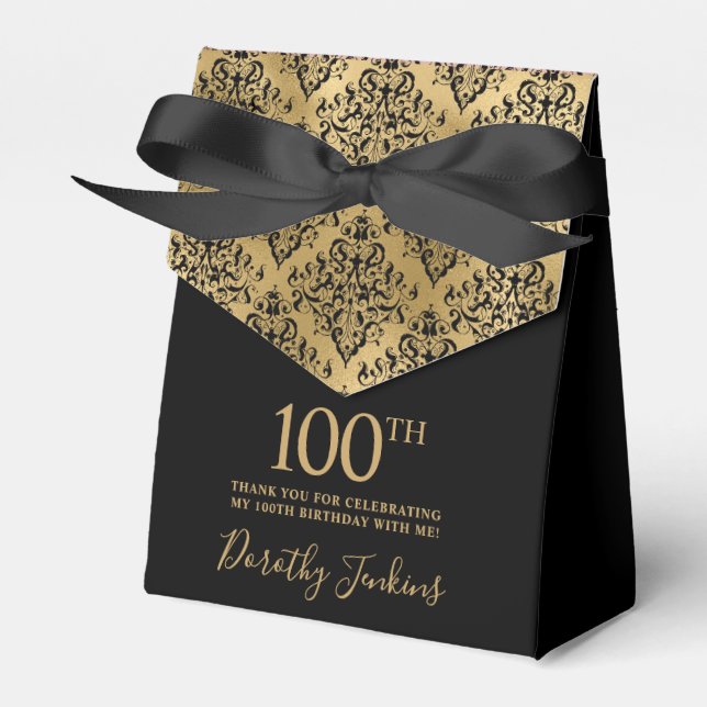 100th Birthday Black Gold Damask Thank You Favour Box (Front Side)