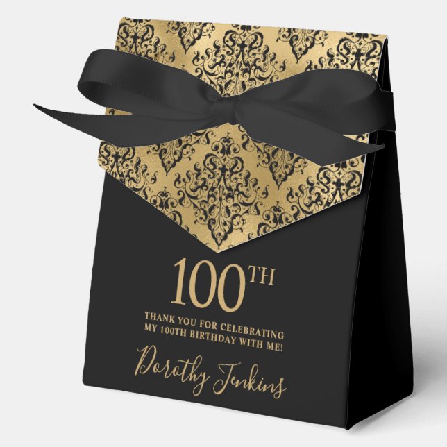 100th Birthday Black Gold Damask Thank You  Favour Box (Front)