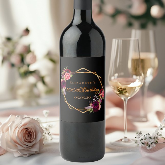 100th birthday black gold floral burgundy wine label (Creator Uploaded)