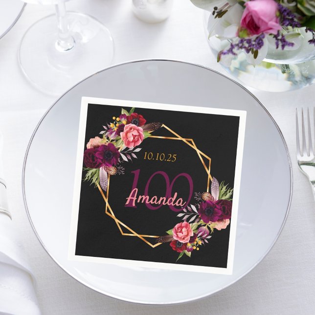 100th birthday black gold geo floral burgundy napkin (Creator Uploaded)