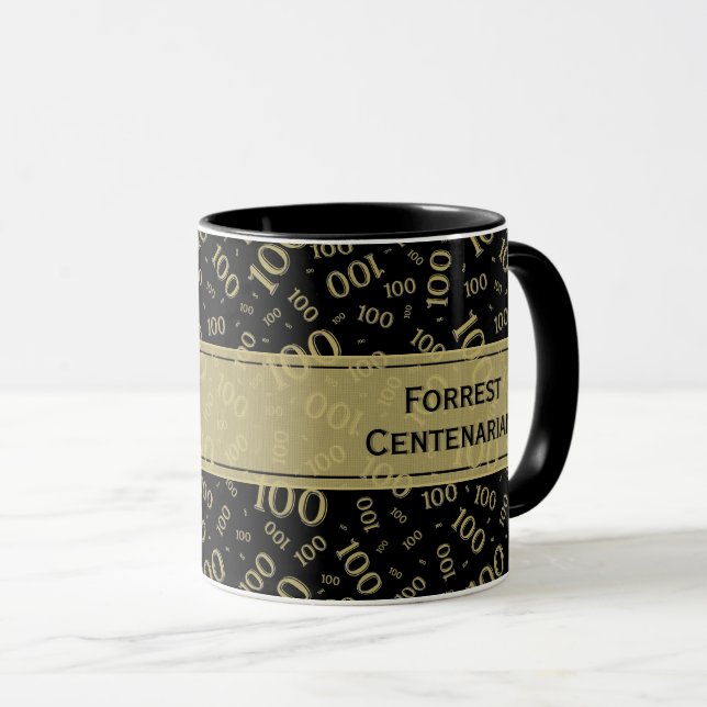 100th Birthday Black & Gold Random Number Pattern Mug (Front Right)