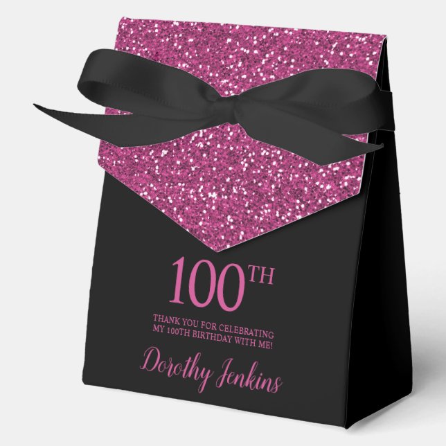 100th Birthday Black Hot Pink Glitter Thank You Favour Box (Front)