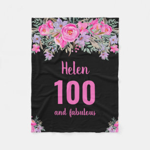 100th birthday black pink floral fleece blanket