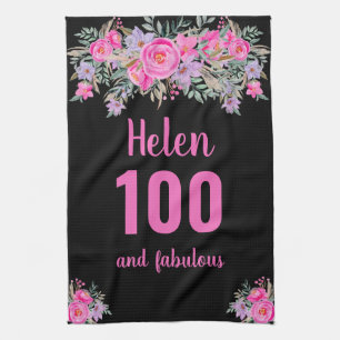 100th birthday black pink floral unique  tea towel