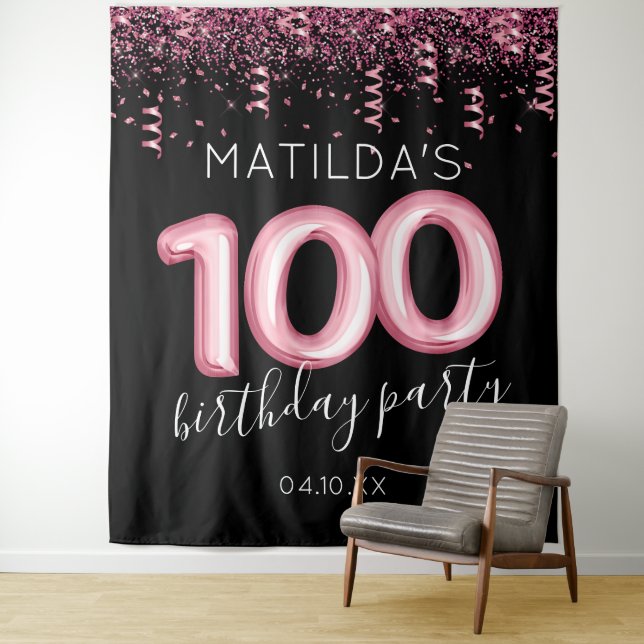 100th Birthday Black Pink Photo Backdrop Tapestry (In Situ)