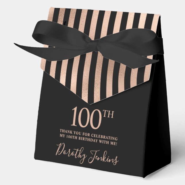 100th Birthday Black Rose Gold Striped Thank You  Favour Box (Front)