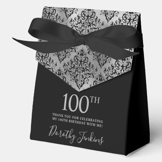 100th Birthday Black Silver Damask Thank You  Favour Box (Front)