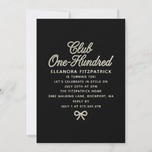100th Birthday Black White Pearl Script Bow Invitation