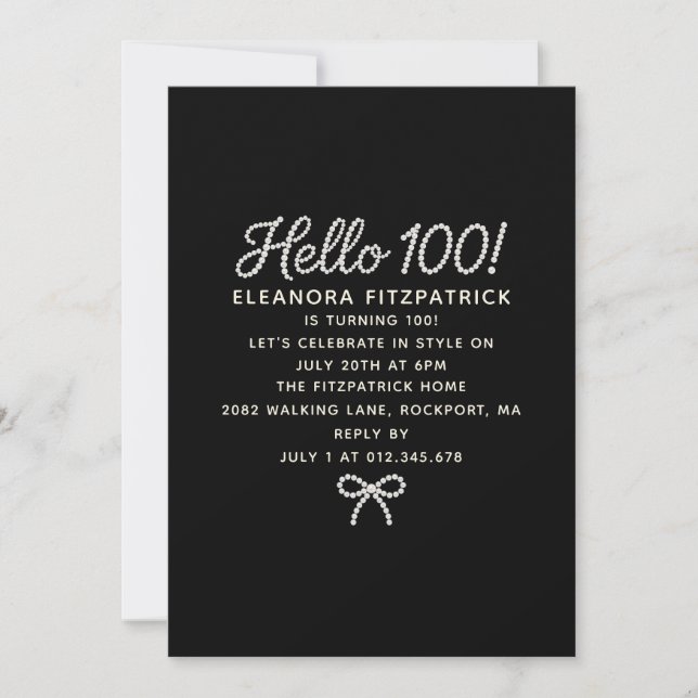 100th Birthday Black White Pearl Script Bow Invitation (Front)