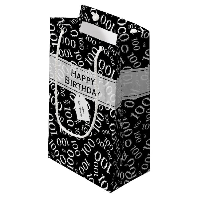 100th Birthday Black/White Random Number Pattern Small Gift Bag (Front Angled)