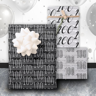 100th Birthday Black White Typography Numbers Wrapping Paper Sheet
