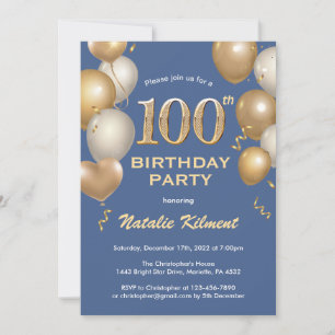 100th Birthday Blue and Gold Glitter Balloons Invitation