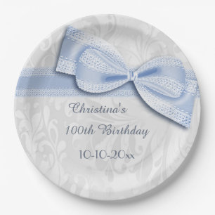 100th Birthday Blue Damask and Faux Bow Paper Plate