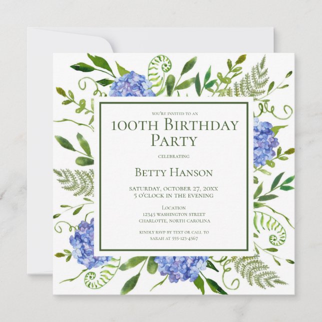100th Birthday Blue Hydrangeas Card Request  (Front)