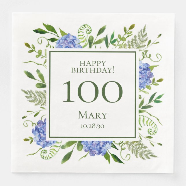 100th Birthday Blue Hydrangeas Napkin (Front)