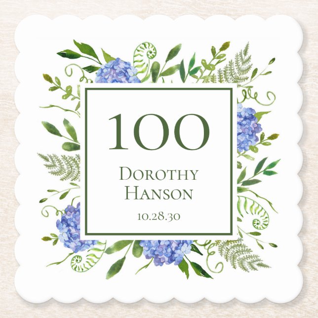 100th Birthday Blue Hydrangeas Paper Coaster (Front)