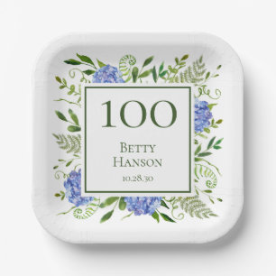 100th Birthday Blue Hydrangeas Paper Plate