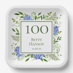 100th Birthday Blue Hydrangeas Paper Plate