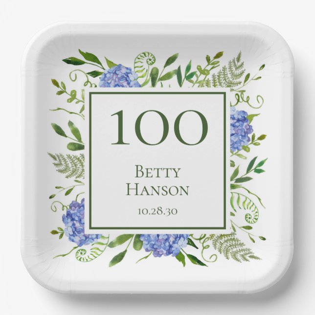 100th Birthday Blue Hydrangeas Paper Plate (Front)