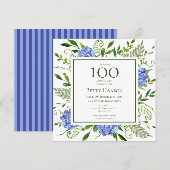 100th Birthday Blue Hydrangeas Surprise Party Invitation (Front/Back)