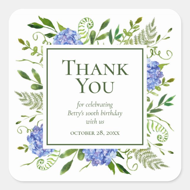 100th Birthday Blue Hydrangeas Thank You Square Sticker (Front)