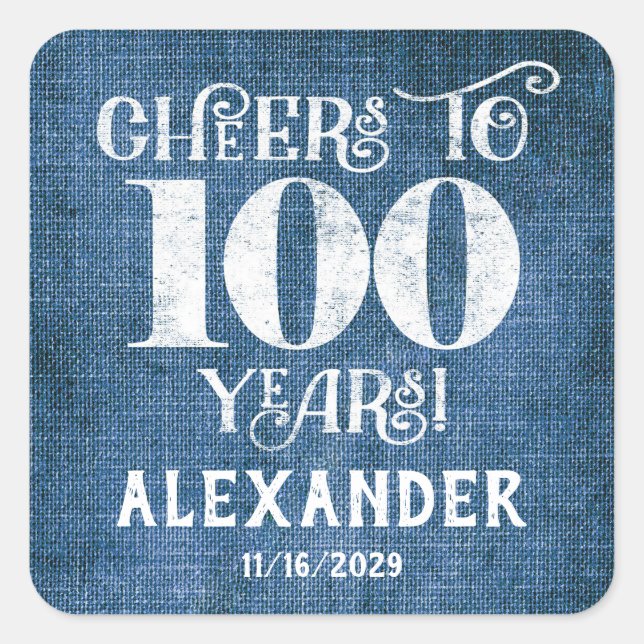 100th Birthday Blue Linen Thank You Favour Sticker (Front)