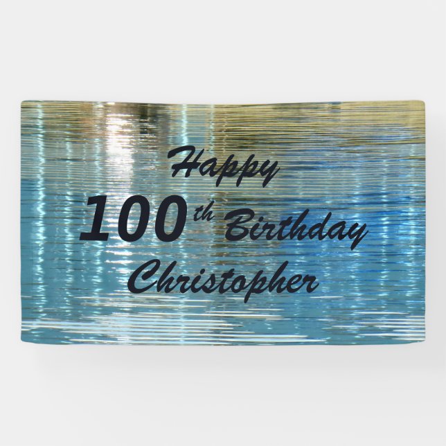 100th Birthday Blue Reflection in Lake, Name,  Banner (Horizontal)