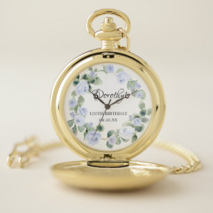 100th Birthday Blue Rose Floral Eucalyptus Wreath Pocket Watch