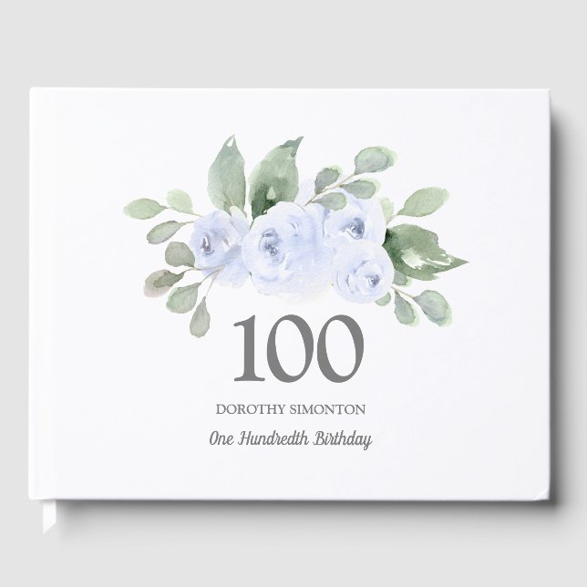 100th Birthday Blue Rose Floral Guest Book (Front)