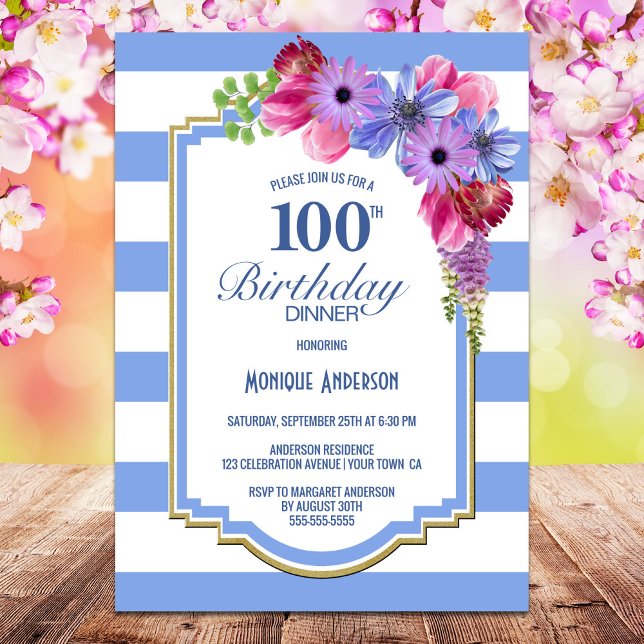 100th Birthday Blue Striped Floral Dinner Party Invitation (Creator Uploaded)