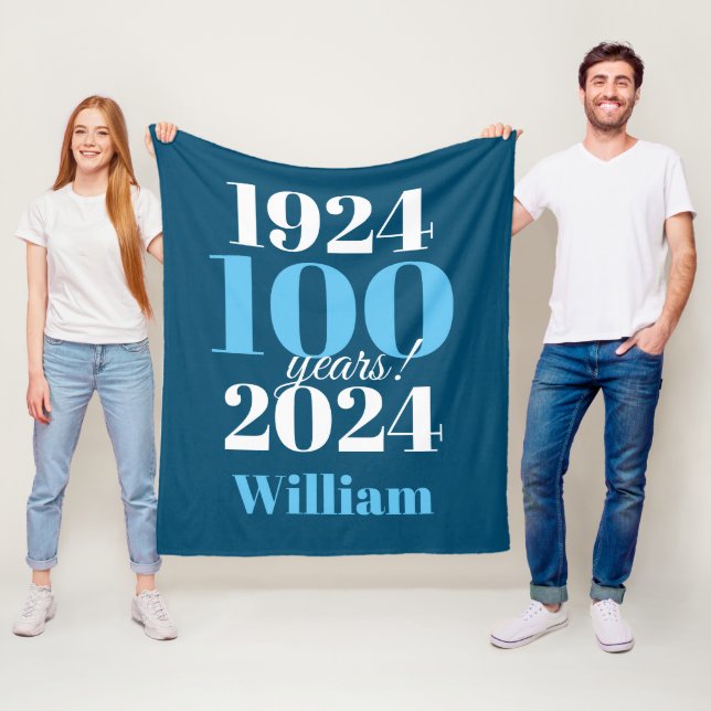 100th Birthday Blue Typography Fleece Blanket (In Situ)