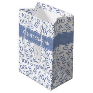 100th Birthday Blue/White Random Number Pattern Medium Gift Bag