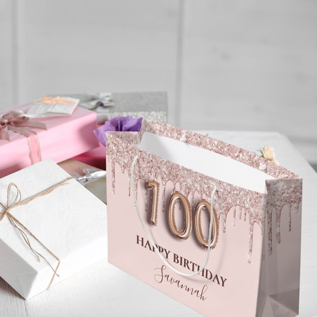 100th birthday blush pink glitter drips rose gold large gift bag (Creator Uploaded)