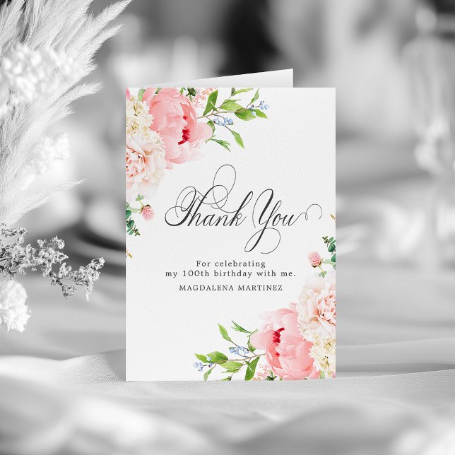 100th Birthday Blush Pink Peony Floral Folded Thank You Card (Creator Uploaded)