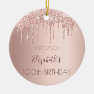 100th birthday blush rose gold glitter drips ceramic tree decoration