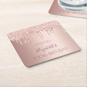 100th birthday blush rose gold glitter drips name square paper coaster